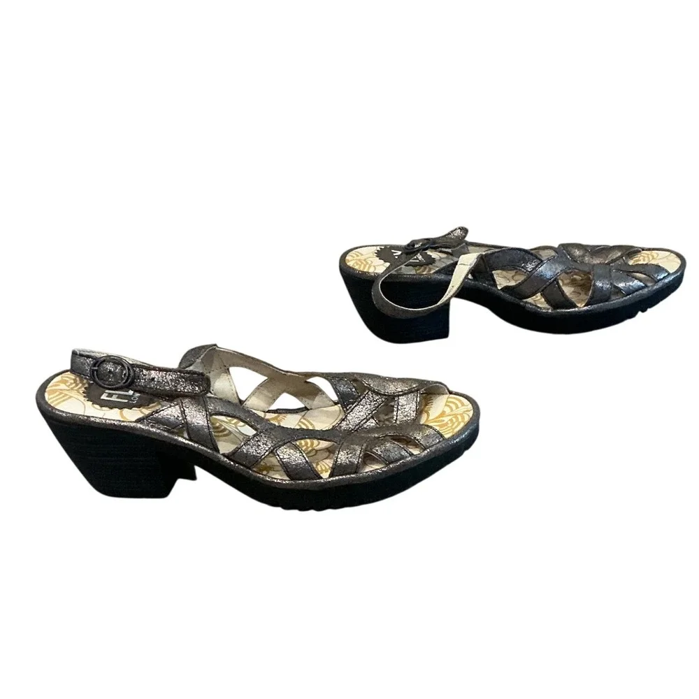 Fly London Womens Leather Sandals 39 8 8.5 Pewter Weza Slingback Wedge Grunge